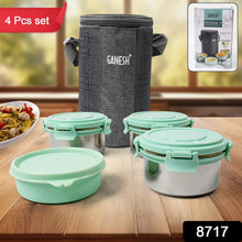 Ganesh 4In1 Tiffin Box-Lunch Box | 3 Stainless Steel Containers 300 Ml Approx & Plastic Salad Container 200 Ml Approx| Plastic lid Box | Round Zip Bag | Leak Proof | Microwave Safe for Office, College and School for Men, Women  the24kgal