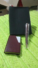 Leather Professional Business Visiting Card Case With Luxury Ballpoint Blue Pens (2 Pc Set / With Gift Box) the24kgal