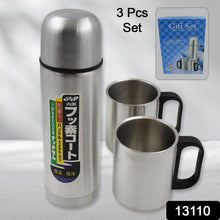 Double Wall Stainless Steel Thermos Flask 500ml Vacuum Insulated Gift Set with Two Cups Hot & Cold, Stainless Steel, Diwali Gifts for Employees, Corporate Gift Item (3 Pcs Set) the24kgal