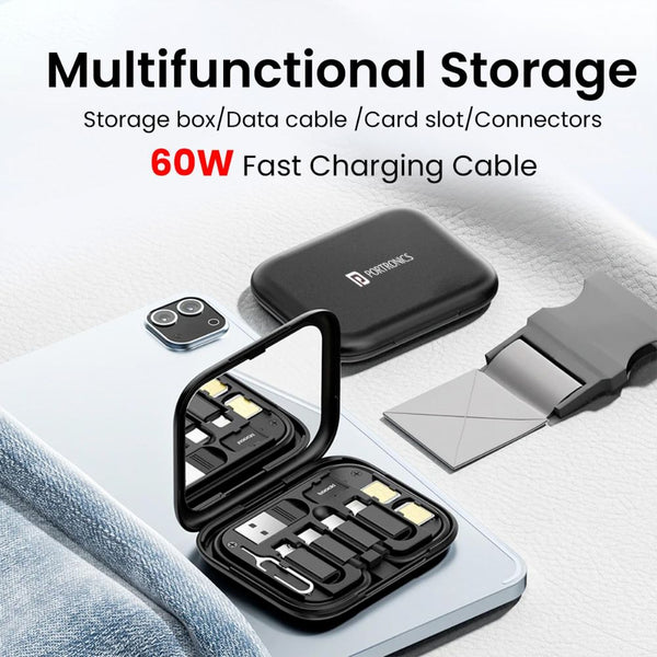 Portronics Snapcase 60W Multifunctional Fast Charging Data Cable Kit, Conversion Set USB A & Type C to Male Micro/Type C/Lightning,Data Transfer,Sim Storage,Sim Eject Pin,Pocket Mirror,Phone Holder (POR 2579) the24kgal